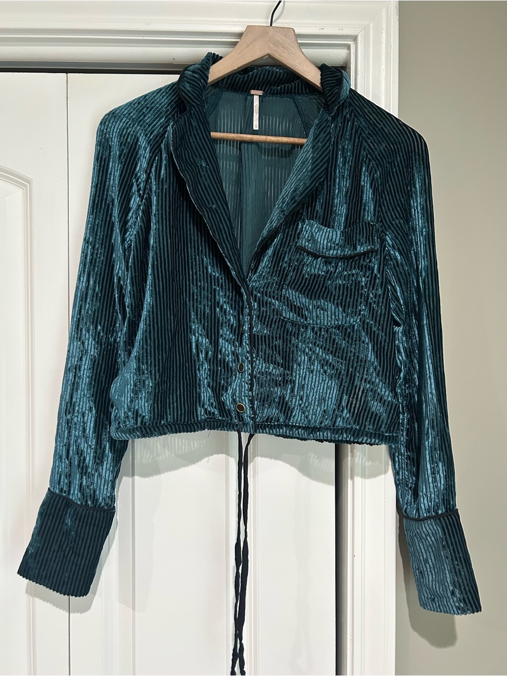 Free People Teal Velvet Cropped Button-Down Blouse